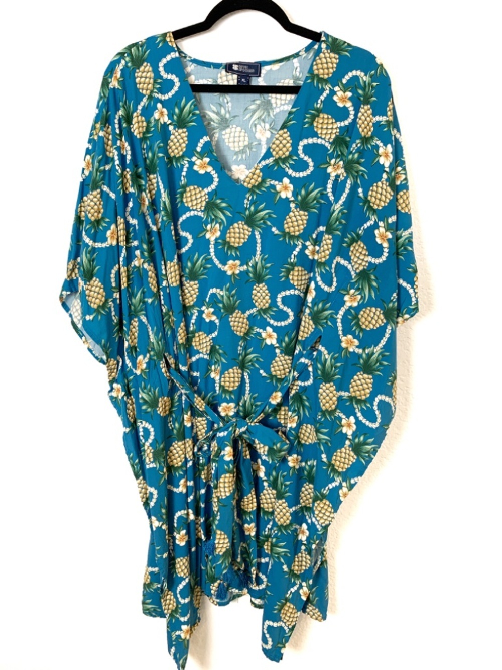 Reyn Spooner Womens Beach Swimsuit Coverup XL Blue Pineapple Print Tassel Tie